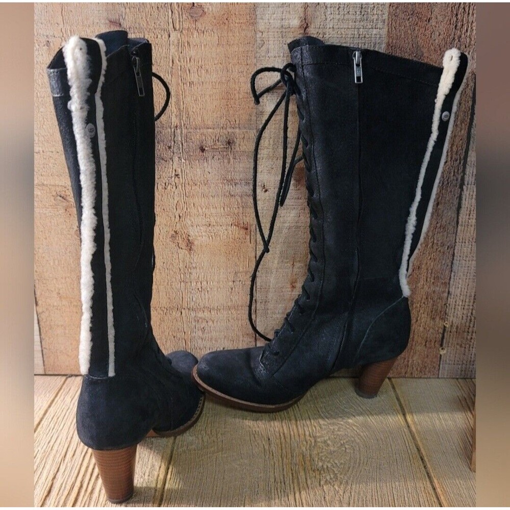 UGG Camille Black Leather Lace and Zip Up High Heel Boots Size 7 Sheepskin Lined